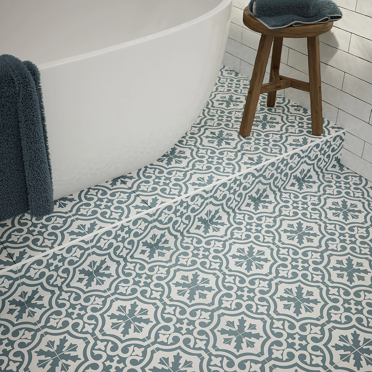 Fiore Teal / White Victorian Pre-scored Porcelain Wall & Floor Tile 450 x 450mm - 1.42sqm Pack Fiore Teal / White Victorian Pre-scored Porcelain Wall & Floor Tile 450 X 450mm - 1.42sqm Pack -Flooring And Tile Store 13220597 1544909608294003