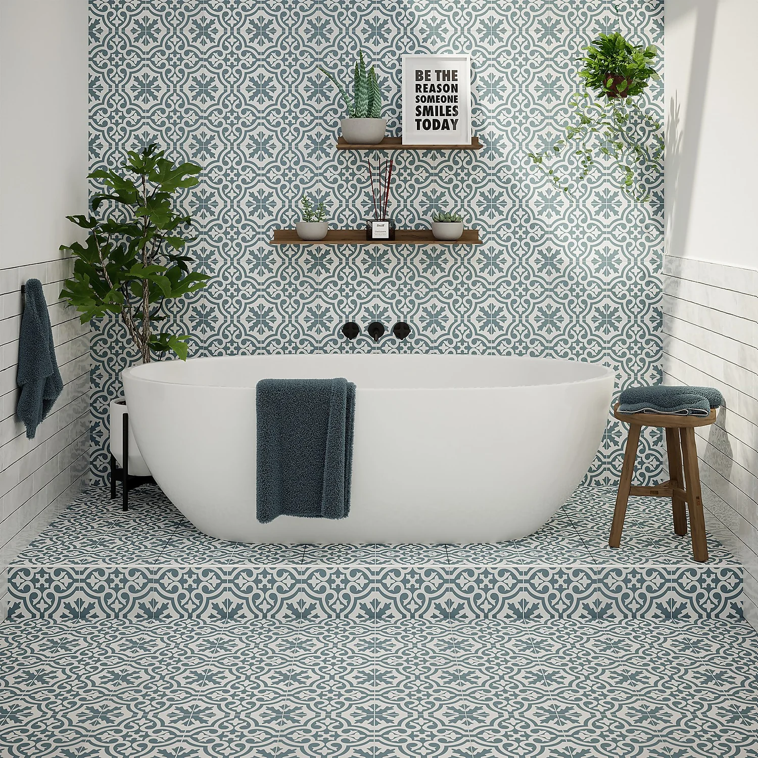 Fiore Teal / White Victorian Pre-scored Porcelain Wall & Floor Tile 450 x 450mm - 1.42sqm Pack Fiore Teal / White Victorian Pre-scored Porcelain Wall & Floor Tile 450 X 450mm - 1.42sqm Pack -Flooring And Tile Store 13220597 3914909608410079