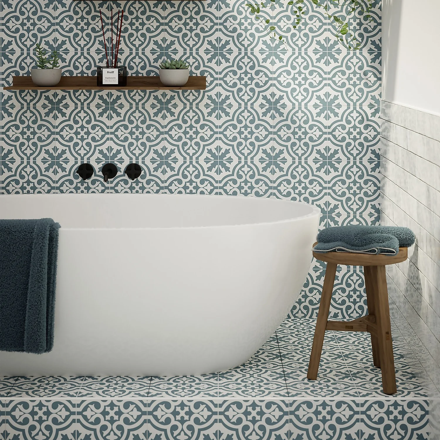 Fiore Teal / White Victorian Pre-scored Porcelain Wall & Floor Tile 450 x 450mm - 1.42sqm Pack Fiore Teal / White Victorian Pre-scored Porcelain Wall & Floor Tile 450 X 450mm - 1.42sqm Pack -Flooring And Tile Store 13220597 7264909608388476