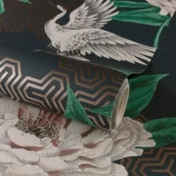 Grandeco Flying Cranes Navy Metallic Wallpaper -Flooring And Tile Store 13980232 1384998777204024