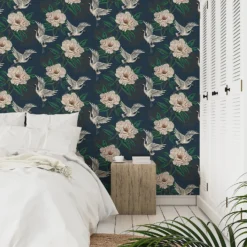 Grandeco Flying Cranes Navy Metallic Wallpaper -Flooring And Tile Store 13980232 1554998777288927