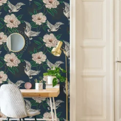 Grandeco Flying Cranes Navy Metallic Wallpaper -Flooring And Tile Store 13980232 9364998777375135